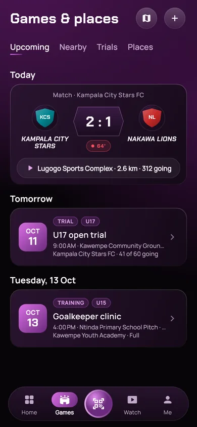 Games and places: today's match, trials and training near you.