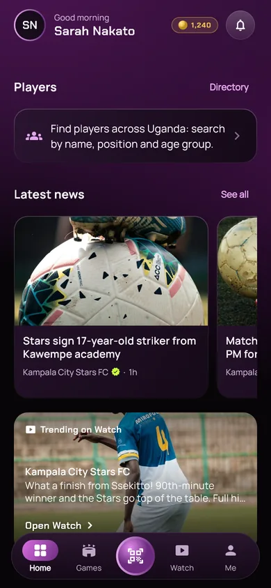 The home screen: Uganda's latest football news and what is trending on Watch.