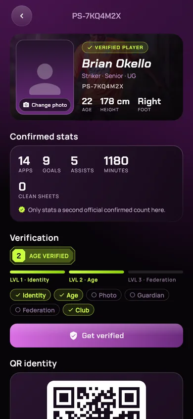A verified player profile with confirmed stats and a QR code.