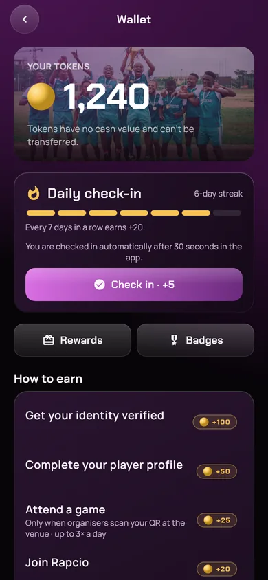 The wallet: 1,240 tokens, the daily check-in and ways to earn.
