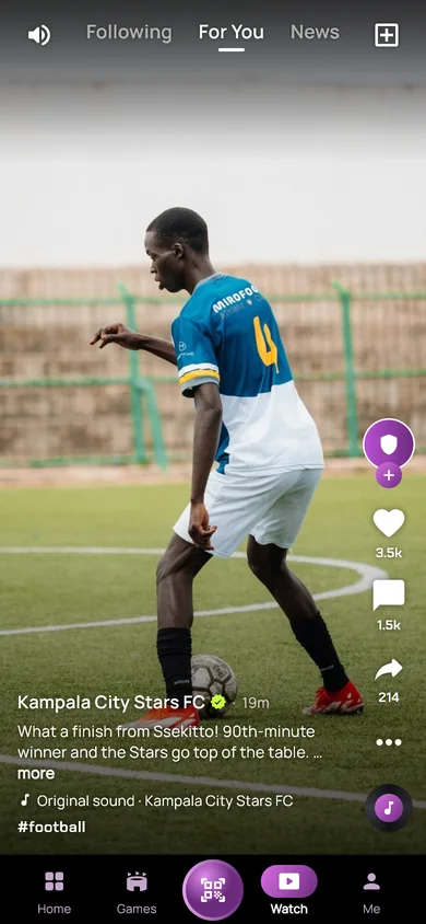 The Watch feed with a goal clip, likes, comments and sound.